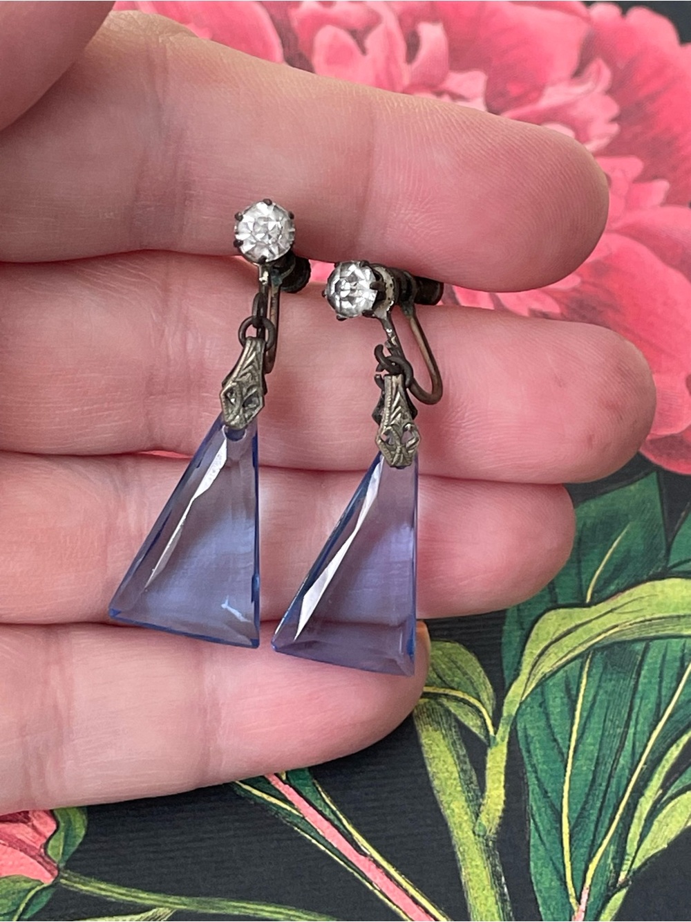 Beautiful blue art glass vintage Czech style Art Deco dangle screwback earrings